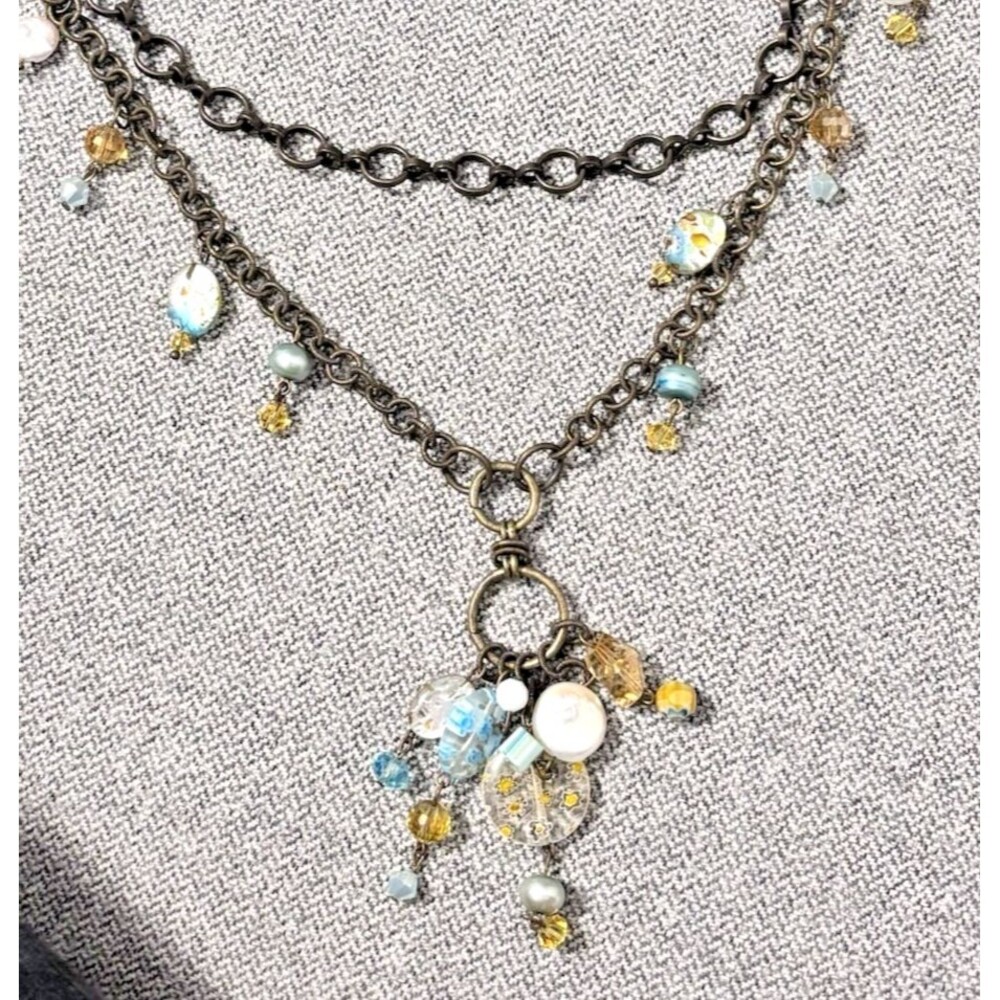 Y2K Chunky Gunmetal Layered Necklace Resin Millefiori Flower Boho Whimsigoth